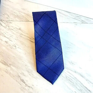 Calvin Klein Neck Tie Blue Woven Knit Plaid Skinny Slim Silk